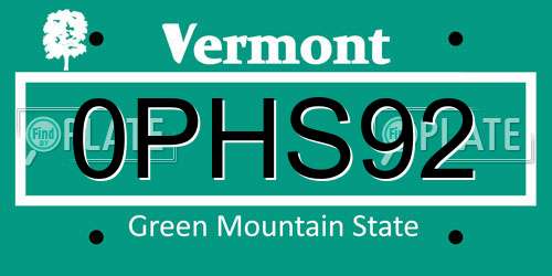 0PHS92 Vermont License Plate