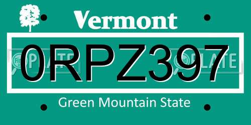 0RPZ397 Vermont License Plate