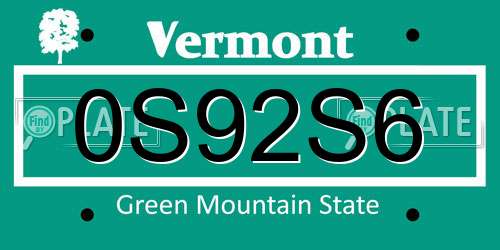 0S92S6 Vermont License Plate