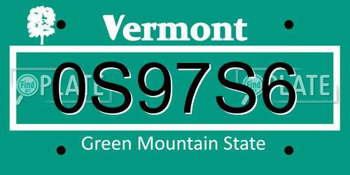 0S97S6 Vermont License Plate