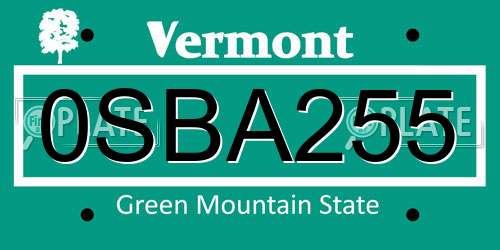 0SBA255 Vermont License Plate