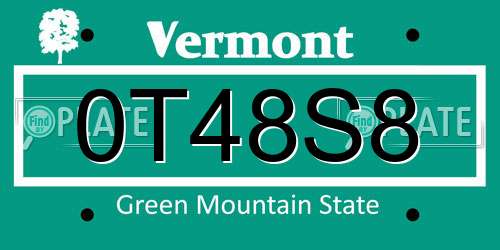 0T48S8 Vermont License Plate