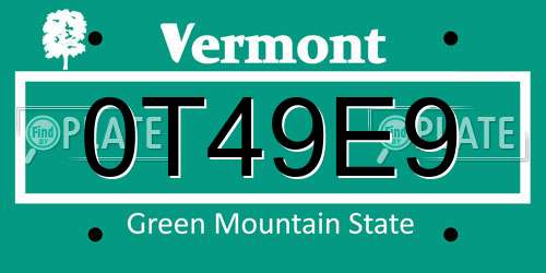 0T49E9 Vermont License Plate