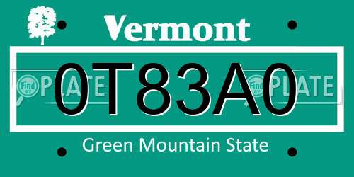 0T83A0 Vermont License Plate