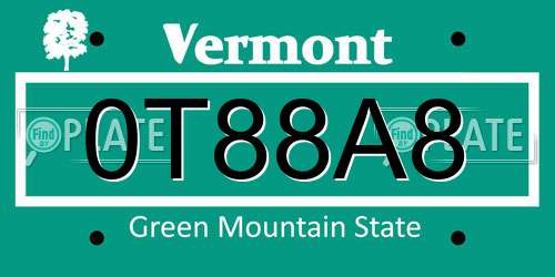0T88A8 Vermont License Plate