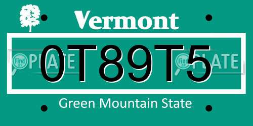 0T89T5 Vermont License Plate
