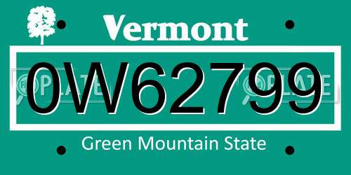 0W62799 Vermont License Plate