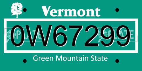 0W67299 Vermont License Plate