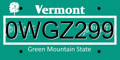 0WGZ299 Vermont License Plate