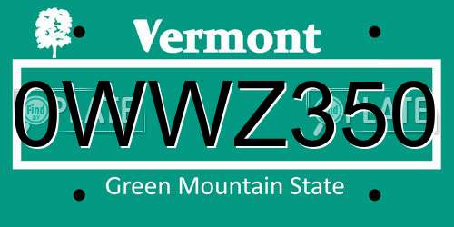 0WWZ350 Vermont License Plate