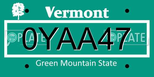 0YAA47 Vermont License Plate