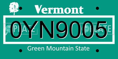 0YN9005 Vermont License Plate