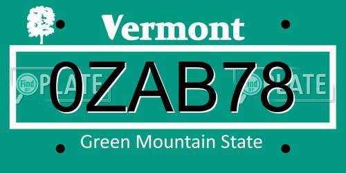 0ZAB78 Vermont License Plate
