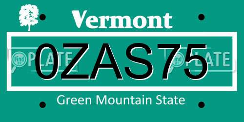 0ZAS75 Vermont License Plate