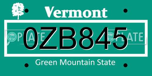 0ZB845 Vermont License Plate