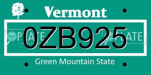 0ZB925 Vermont License Plate