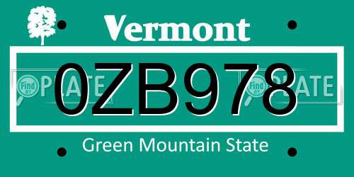0ZB978 Vermont License Plate