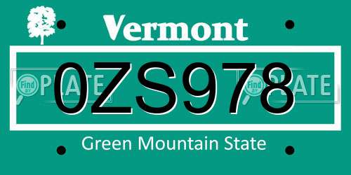 0ZS978 Vermont License Plate