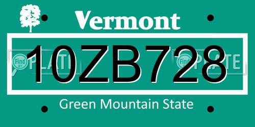 10ZB728 Vermont License Plate