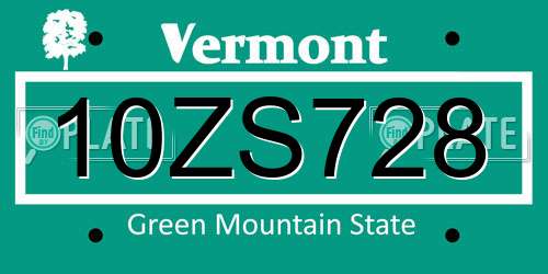 10ZS728 Vermont License Plate
