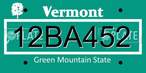 12BA452 Vermont License Plate