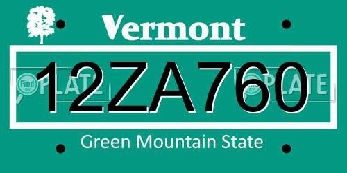12ZA760 Vermont License Plate