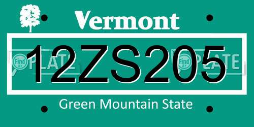 12ZS205 Vermont License Plate