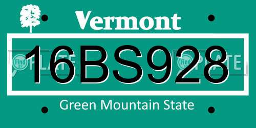 16BS928 Vermont License Plate