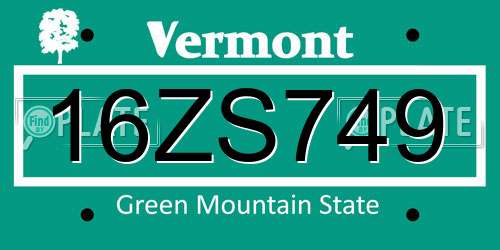16ZS749 Vermont License Plate