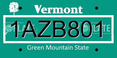 1AZB801 Vermont License Plate