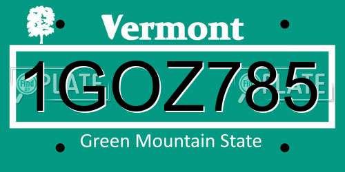 1GOZ785 Vermont License Plate