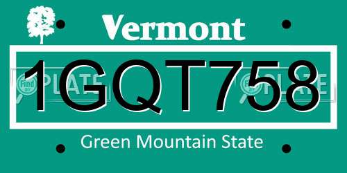 1GQT758 Vermont License Plate