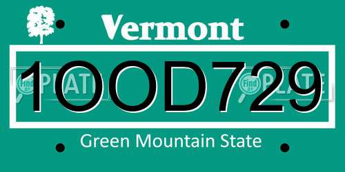 1OOD729 Vermont License Plate