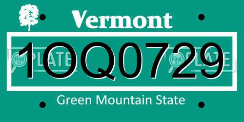 1OQ0729 Vermont License Plate