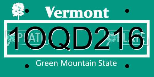 1OQD216 Vermont License Plate