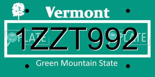 1ZZT992 Vermont License Plate