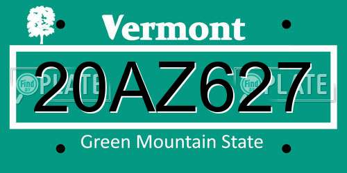20AZ627 Vermont License Plate