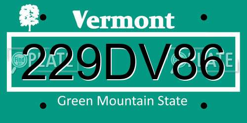 229DV86 Vermont License Plate