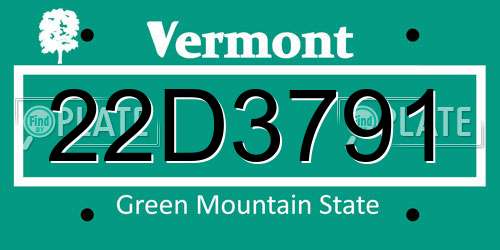22D3791 Vermont License Plate