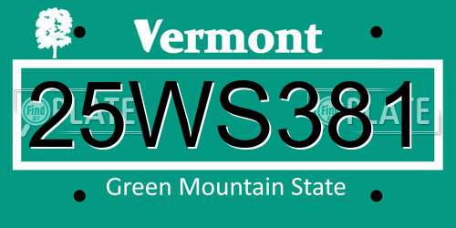 25WS381 Vermont License Plate