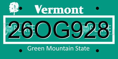 26OG928 Vermont License Plate