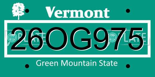 26OG975 Vermont License Plate