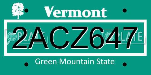 2ACZ647 Vermont License Plate