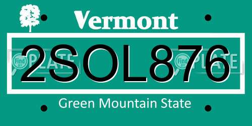 2SOL876 Vermont License Plate