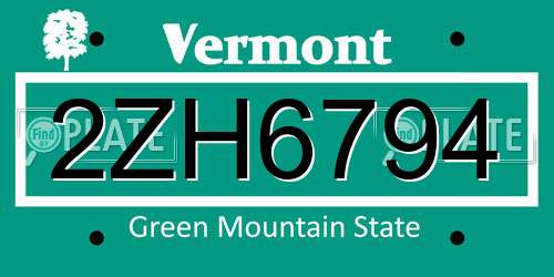 2ZH6794 Vermont License Plate