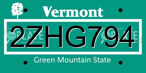 2ZHG794 Vermont License Plate