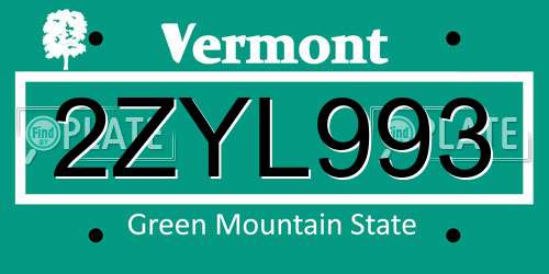 2ZYL993 Vermont License Plate