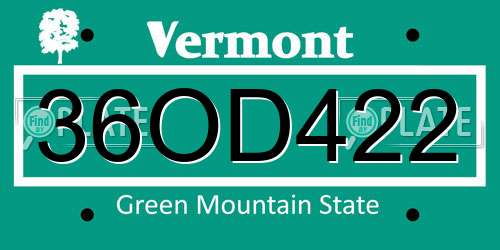 36OD422 Vermont License Plate