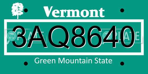 3AQ8640 Vermont License Plate