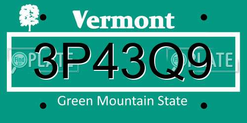 3P43Q9 Vermont License Plate